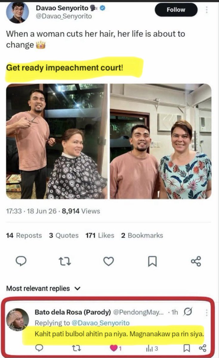 nabunturanguy's tweet photo. Ahahaha! Nagre-ready na daw sa impeachment court si Madumb Sara through a new hairstyle.  Pero, may kontrabidang nag-comment. Hahaha. Basahin niyo na lang, nahihiya akong sabihin.   Hehehe. https://t.co/sPiA5Dm5Km