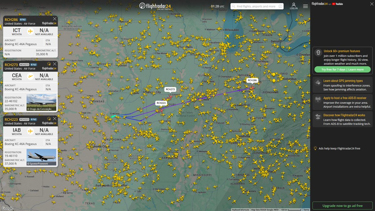AIYeyENGDdJkjTr's tweet photo. June 20, 2026
#McConnell Air Force Base ==>
#RCH286 #AED555 USAF KC-46A Pegasus
#RCH273 #AED489 USAF KC-46A Pegasus
#RCH223 #AED555 USAF KC-46A Pegasus https://t.co/sdAWZyo82W