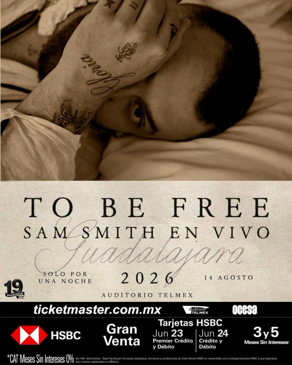 AuditorioTelmex's tweet photo. Sam Smith llega al Auditorio TELMEX con To Be Free, una experiencia íntima donde cada canción se convierte en emoción. ✨

📅 14 de agosto | 21 hrs

🎫 Preventa HSBC: 23 y 24 de junio | 11 hrs
🎫 Venta General: 25 de junio | 11 hrs
📍 Ticketmaster y taquillas del Auditorio TELMEX https://t.co/ky3547E7KC