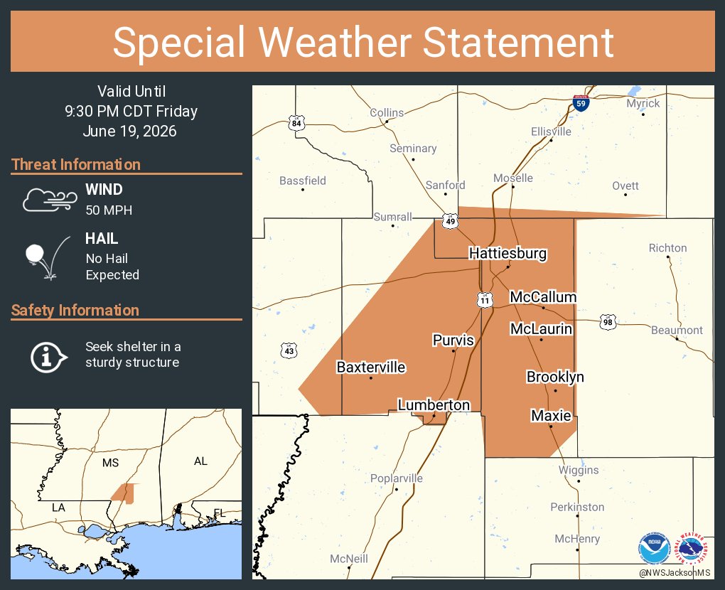 NWSJacksonMS's tweet photo. A special weather statement has been issued for Hattiesburg MS, Petal MS and  Purvis MS until 9:30 PM CDT https://t.co/9BuDNDFrur