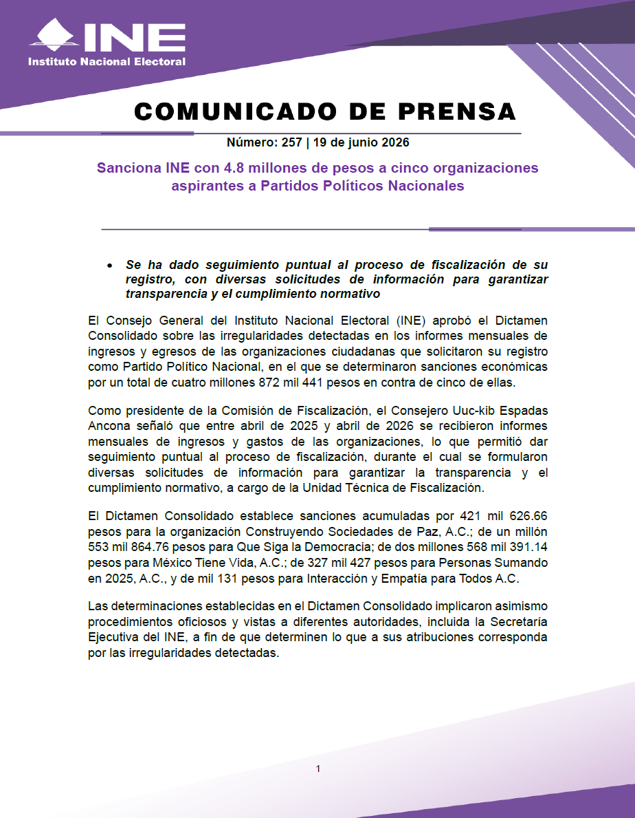 INEMexico's tweet photo. #BoletínINE 📄 | Sanciona INE con 4.8 millones de pesos a cinco organizaciones aspirantes a Partidos Políticos Nacionales.

🔗 Los detalles en el siguiente enlace 👇

https://t.co/wr4CsvfjMF https://t.co/ZF0KeAwEhk