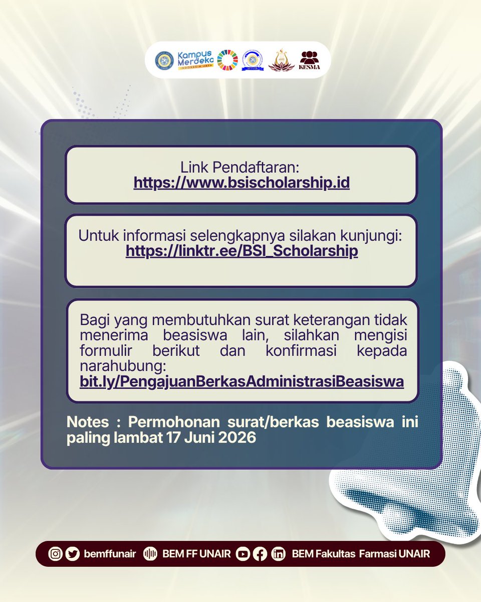 bemffunair's tweet photo. 📌 Pendaftaran BSI Scholarship Inspirasi: 8 Juni–3 Juli 2026.

Benefit:
💰 UKT Rp3 juta/semester selama 6 semester
📚 Pembinaan &amp; pelatihan
🤝 Social project
💼 Peluang magang
Info: https://t.co/NeyeG6EmvS

#informasibeasiswa #FFUNAIR #BEMFFUNAIR #KABINETANVAYA https://t.co/d5BSxs79Xe