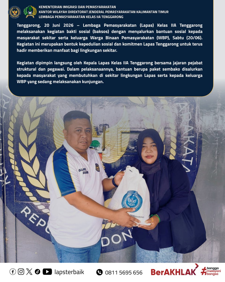 lapsterbaik's tweet photo. Lapas Kelas IIA Tenggarong melaksanakan kegiatan bakti sosial dengan menyalurkan bantuan kepada masyarakat sekitar dan keluarga Warga Binaan Pemasyarakatan (WBP). https://t.co/j6svnvJMWh