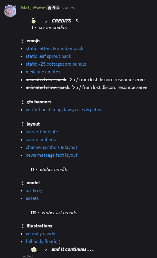 meileune's tweet photo. ✿         ꒰ credits 🪺❕

it's taken me quite a bit, but i absolutely love how my credit channel in my discord server came out!! 

just a couple more things now ! https://t.co/CfPhKmLnp5