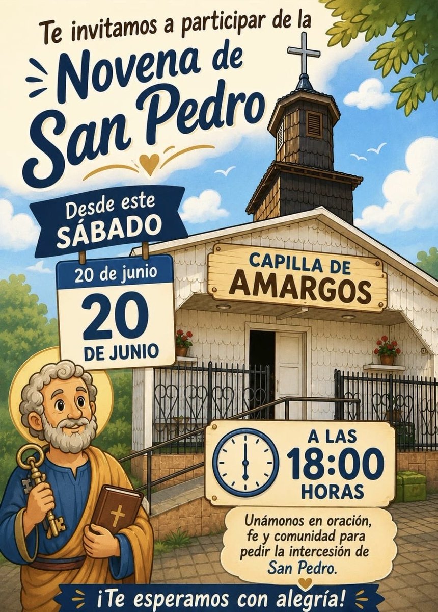 Obispadovald's tweet photo. La comunidad de la Capilla San Pedro de Amargos en Corral, invita a todos los fieles a participar de la tradicional Novena de San Pedro, que comenzará este sábado 20 de junio a las 18:00 horas.

https://t.co/rxqqdZJMWO #ValdiviaCL https://t.co/A8lA2tZ6ke