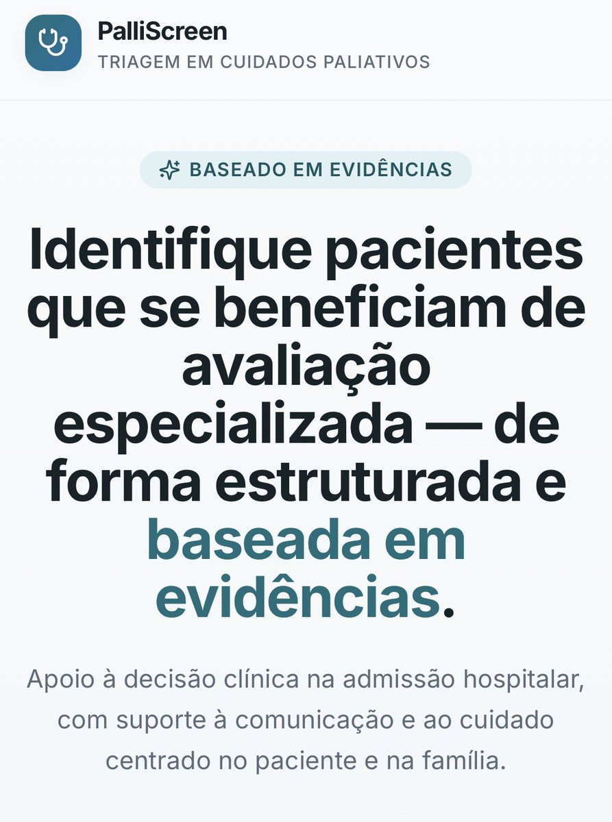 AlbertoHil's tweet photo. Nem todo paciente precisa de cuidados paliativos, mas muitos se beneficiam de uma avaliação precoce. O PalliScreen apoia essa decisão com critérios estruturados, recomendações clínicas e roteiro SPIKES para comunicação. Conheça: https://t.co/nMiwbBzOJP https://t.co/SYrgog7u8Y