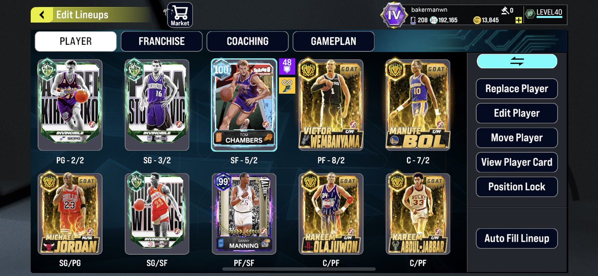 bakermanwn's tweet photo. Current lineup, grinded for 3 option boxed and managed to get lucky and pull AK from the 10 box exchange. Got Mark Eaton sitting in the collection and dk if he plays over Hakeem and Kareem https://t.co/mNlTCiCg30