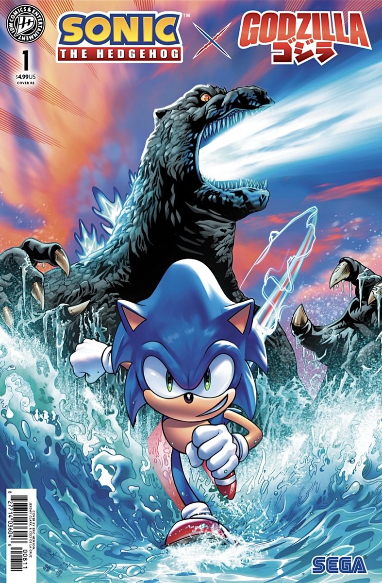 nickmarino's tweet photo. An incredible Sonic the Hedgehog x Godzilla #1 retailer exclusive cover for @TitanComics has just been revealed! Pencils by Eric Henson, inks by @JeremyClarkInk, and amazing colors by @cecidlcruz https://t.co/yL4A4gMWEM