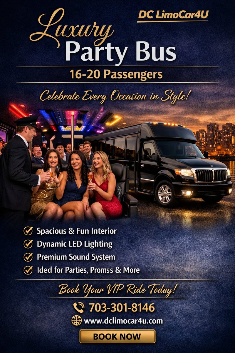 DclimoC's tweet photo. Luxury Party Bus โ 16โ20 Passengers Celebrate every occasion in style! LED lights, music, and space to party while you ride.
๐ 703โ301โ8146 | ๐ https://t.co/RFQvXMPi68 #DCLimoCar4U #PartyBus #LuxuryRide #GroupTravel #PromNight #WeddingLimo #TravelInStyle #LuxuryTransport https://t.co/QgP9vooJp2