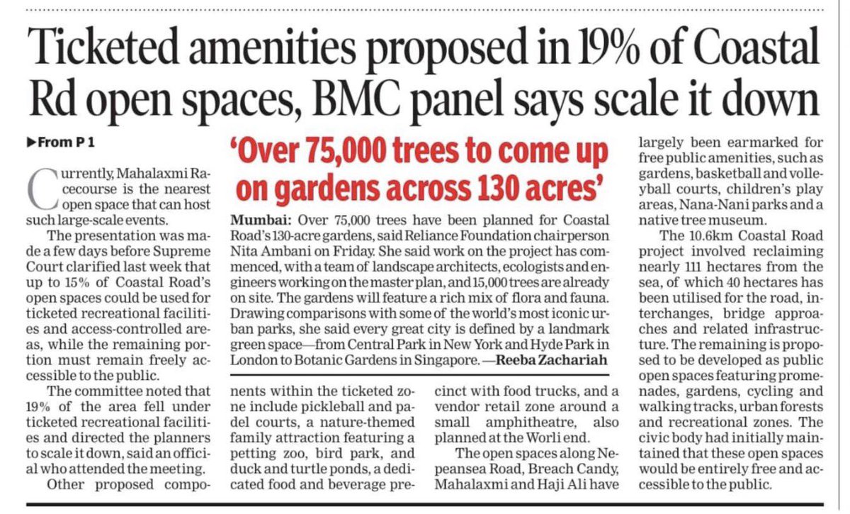 richapintoi's tweet photo. Waterfront event plaza for 10 k, vendor retail zone, pickleball courts, duck and turtle ponds& petting zoo: Inside Mumbai Coastal Road’s ticketed open spaces plan master plan

A few days before the Supreme Court last week clarified  that up to 15% of the open spaces being developed along the Mumbai Coastal Road can be used for ticketed recreational facilities and access-controlled areas, while the remaining area must continue to remain freely accessible to the public a detailed presentation was made by a team from Reliance Industries Limited (RIL) to the @mybmc landscaping committee headed by the BMC's deputy municipal commissioner (gardens).

The presentation outlined the proposed components of the ticketed recreational facilities. However, the committee observed that the area earmarked for ticketed amenities exceeded the permissible limit and directed the planners to scale it down.