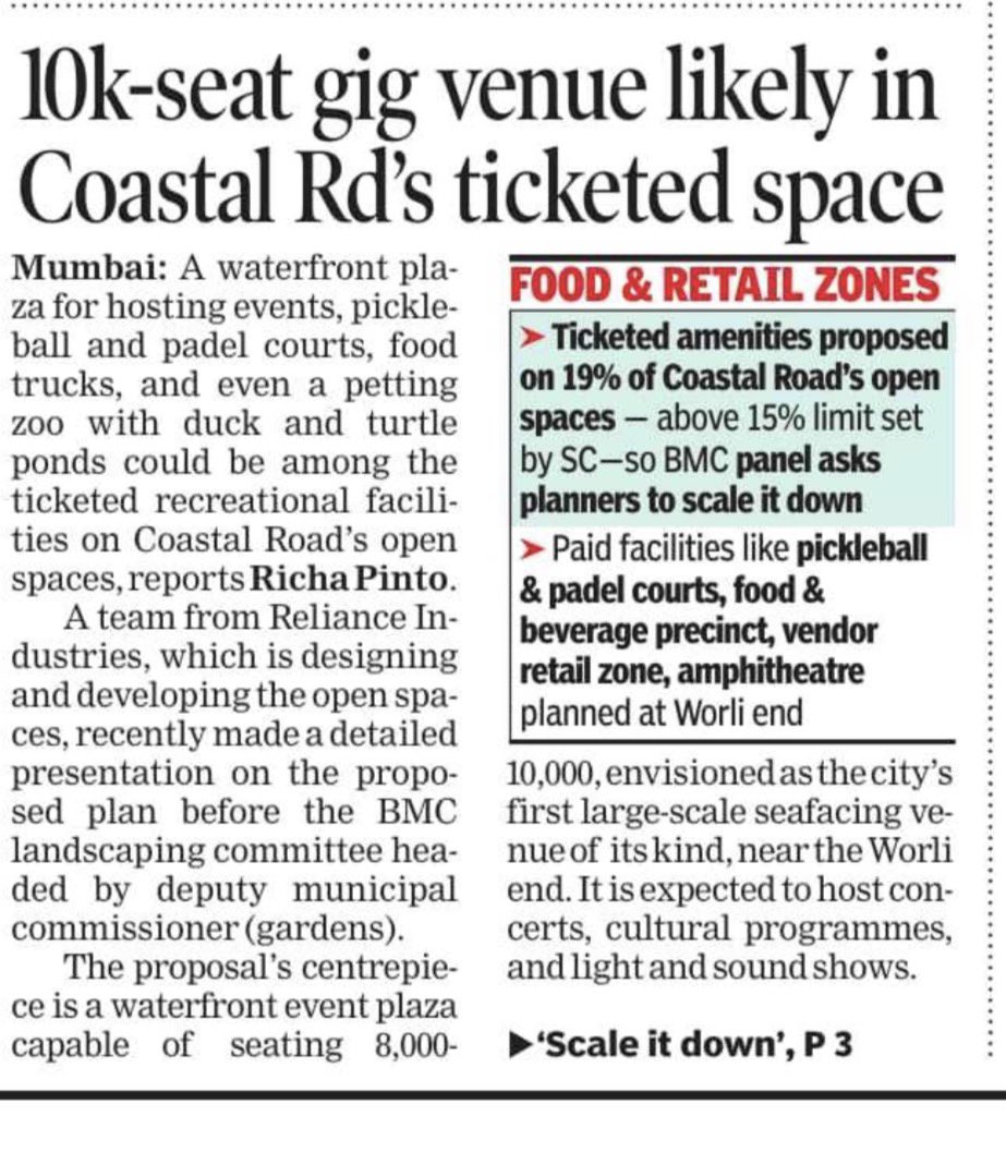 richapintoi's tweet photo. Waterfront event plaza for 10 k, vendor retail zone, pickleball courts, duck and turtle ponds& petting zoo: Inside Mumbai Coastal Road’s ticketed open spaces plan master plan

A few days before the Supreme Court last week clarified  that up to 15% of the open spaces being developed along the Mumbai Coastal Road can be used for ticketed recreational facilities and access-controlled areas, while the remaining area must continue to remain freely accessible to the public a detailed presentation was made by a team from Reliance Industries Limited (RIL) to the @mybmc landscaping committee headed by the BMC's deputy municipal commissioner (gardens).

The presentation outlined the proposed components of the ticketed recreational facilities. However, the committee observed that the area earmarked for ticketed amenities exceeded the permissible limit and directed the planners to scale it down.