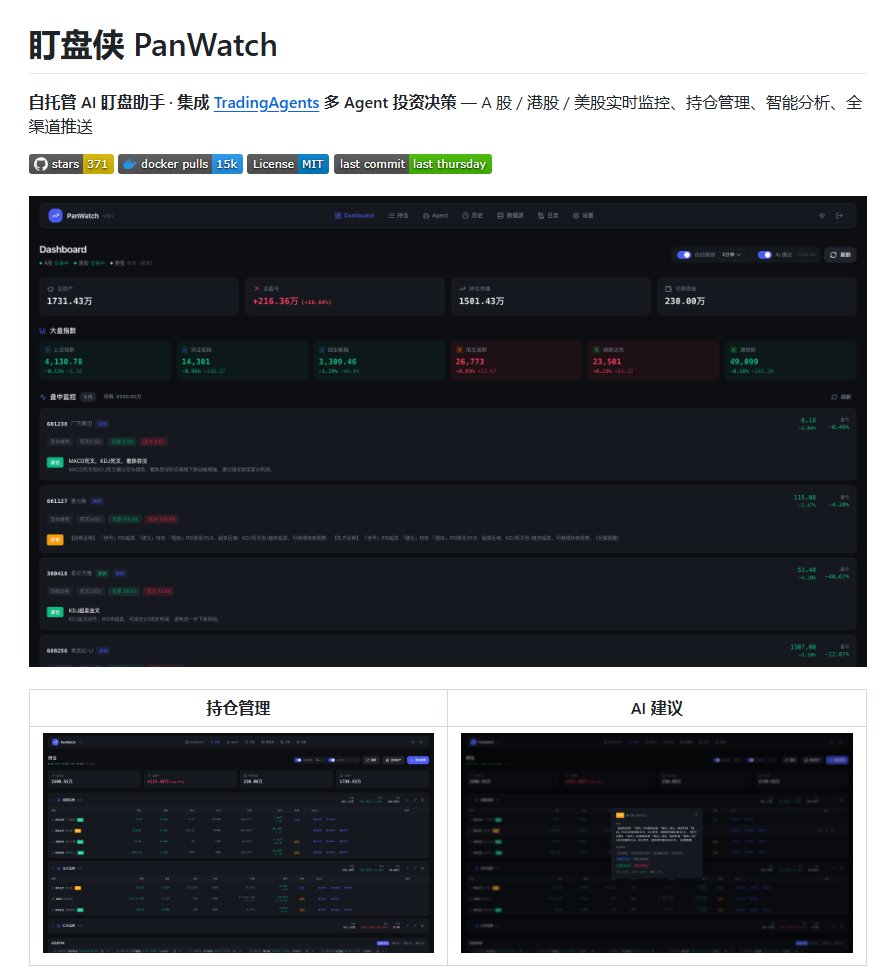eastweb3eth's tweet photo. 盯盘侠 PanWatch 

搜了一下推特发现竟然没人分享过这个库，简直离谱。这么好的库没人分享我来分享。  

【盯盘侠】顾名思义是自托管 AI 盯盘助手，支持A 股 / 港股 / 美股。但是它最牛逼的地方在于集成了【TradingAgents】这个 87.5K 星的超级AI工具。  

盯盘侠仓库地址：https://t.co/F2YvGVTIg3 

如果你只想要 TradingAgents 也可以单独安装：https://t.co/eGocMwVGB3 

大家可以按需选择安装。  

我是尼卡，平时会持续分享 AI、美股、Web3 相关有用又有趣的工具和项目，感兴趣的话欢迎关注，下次见～