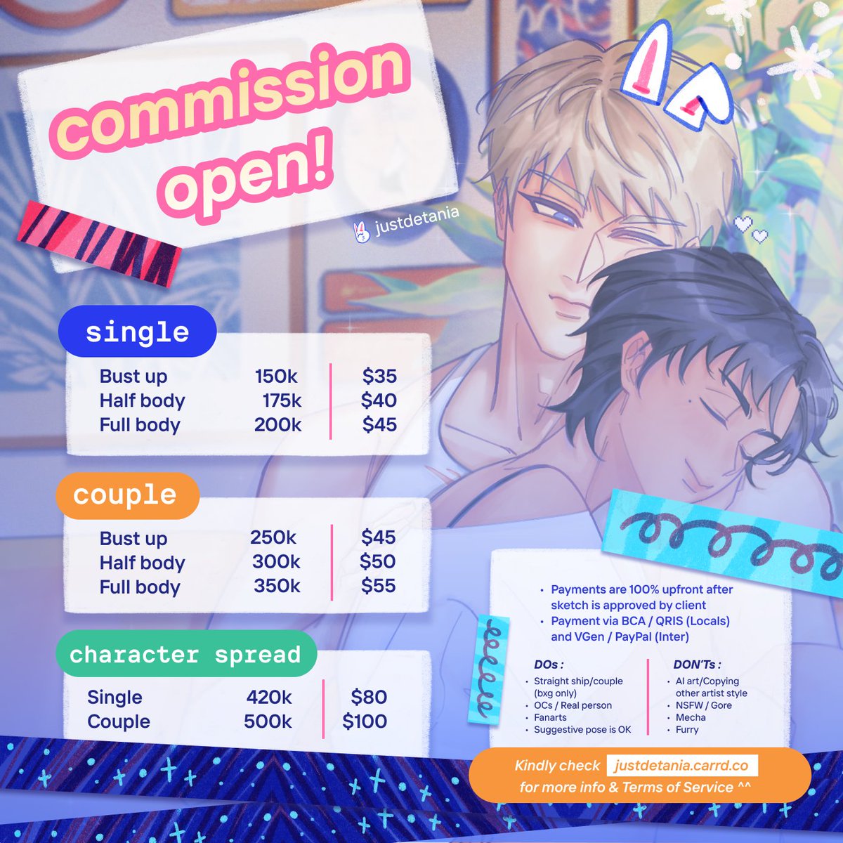 justdetania's tweet photo. [❤️ and 🔄 are appreciated]

☆ commission open ☆

hi! i'm open for both local &amp; international commission, you can DM me if you're interested or have any questions ^^

thank you! ☆

ToS: https://t.co/AABiEDl9Ha
VGen: https://t.co/FLGLJ9q8G1

#commissionopen #VGenComm https://t.co/HYN5ebpF6l