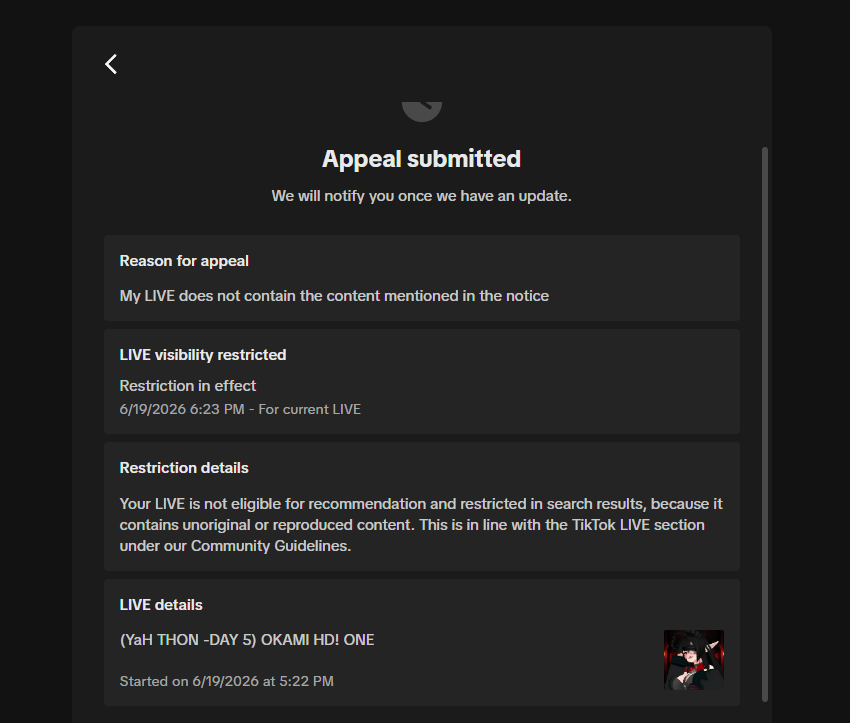 LewdFire's tweet photo. @tiktok_us @TikTokSupport how long do you need to remove this clearly wrong flag? gaming stream would need to be removed as a whole if this were true. keep in mind, this isn't the first time. The flag denied my appeal, way after stream ended by the way. fuck is going on? https://t.co/K9I3mTftGG