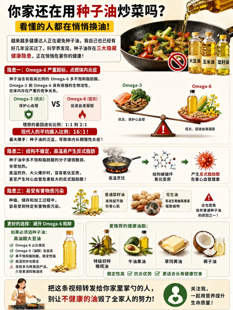 tao9020's tweet photo. 你家里还在用大豆油、玉米油或者菜籽油炒菜吗？赶快看看你的厨房！

现在，越来越多热衷于前沿长寿科学的健康达人，都在尽量避免食用种子油。实不相瞒，我自己也已经有好几年没有买过任何种子油了。

这种在超市货架上占据大半江山的植物油，如今被科学界发现存在三大隐藏的健康隐患。它不仅在悄悄点燃你体内的慢性炎症，还可能在高温下变成健康的隐形杀手。今天这条视频，带你拆解种子油的底层逻辑，看懂的人都在悄悄换油。

隐患一：Omega-6 严重超标，点燃体内炎症
种子油最大的问题，在于它含有极高比例的 Omega-6 多不饱和脂肪酸。

人体需要 Omega-6，也需要 Omega-3，它们都是必需脂肪酸。但它们和普通脂肪不同，它们具有很强的“生物活性”，而且在体内存在严重的竞争关系——它们会竞争细胞膜上的位置，还会抢夺代谢脂肪的酶。

•Omega-3 负责抗炎、保护心血管；
•Omega-6 促炎、促进血液凝固。

为了身体健康，两者的比例至关重要。人类最理想的基因进化比例是 1:1到2:1。然而研究发现，现代人的饮食结构导致我们摄入了过多的 Omega-6，平均比例竟然高达惊人的 16:1！而这背后最大的推手，就是种子油的泛滥。这种严重的比例失衡，正在让你的身体长期处于慢性炎症的状态中。

隐患二：结构不稳定，高温易产生反式脂肪
种子油中所含的多不饱和脂肪酸，在化学结构上是一种非常不稳定的脂肪。它的分子键很脆弱，非常怕热。当你在厨房里用它进行高温煎炸、大火爆炒时，它很容易发生氧化变质，甚至产生对心血管危害极大的反式脂肪酸。

隐患三：易受有害物质污染
不同的种子油在种植、储存和加工过程中，容易受到特定有害物质的污染。例如：普通菜籽油如果控制不好，容易残留伤害心肌的芥酸；而花生在潮湿环境中容易滋生黄曲霉毒素，这是一种强致癌物。这也是我彻底放弃普通种子油的原因之一。

难道种子油就完全不能碰了吗？如果你实在想吃，或者需要一款高性价比的烹饪油，可以选择高油酸大豆油。

这种油的 Omega-6 占比很低，而 Omega-9（油酸） 的含量非常高。Omega-9 是一种单不饱和脂肪酸，它不像多不饱和脂肪酸那么脆弱。即使在煎炸烹炒的高温环境下，油酸也能保持极强的稳定性。不过需要提醒大家的是，目前市面上的高油酸大豆油大多属于转基因产品，介意的朋友可以根据个人情况进行权衡。

当然，如果你追求更纯粹的长寿健康饮食，特级初榨橄榄油、牛油果油、或者优质的动物油脂（如草饲黄油、椰子油），都是避开 Omega-6 陷阱的更好选择。

把这条视频转发给你家里掌勺的人，别让不健康的油毁了全家人的努力。关注我，一起用营养提升生命质量！