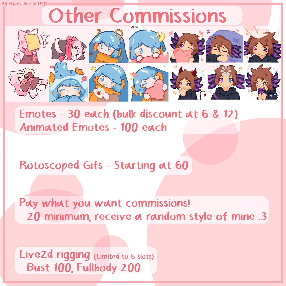 Pink_Ichigoo's tweet photo. I have once again updated my commission sheets!
And all my socials are in the last pic :3

I also have 6 slots of discounted live2d rigging open! https://t.co/VcjDZh12hn