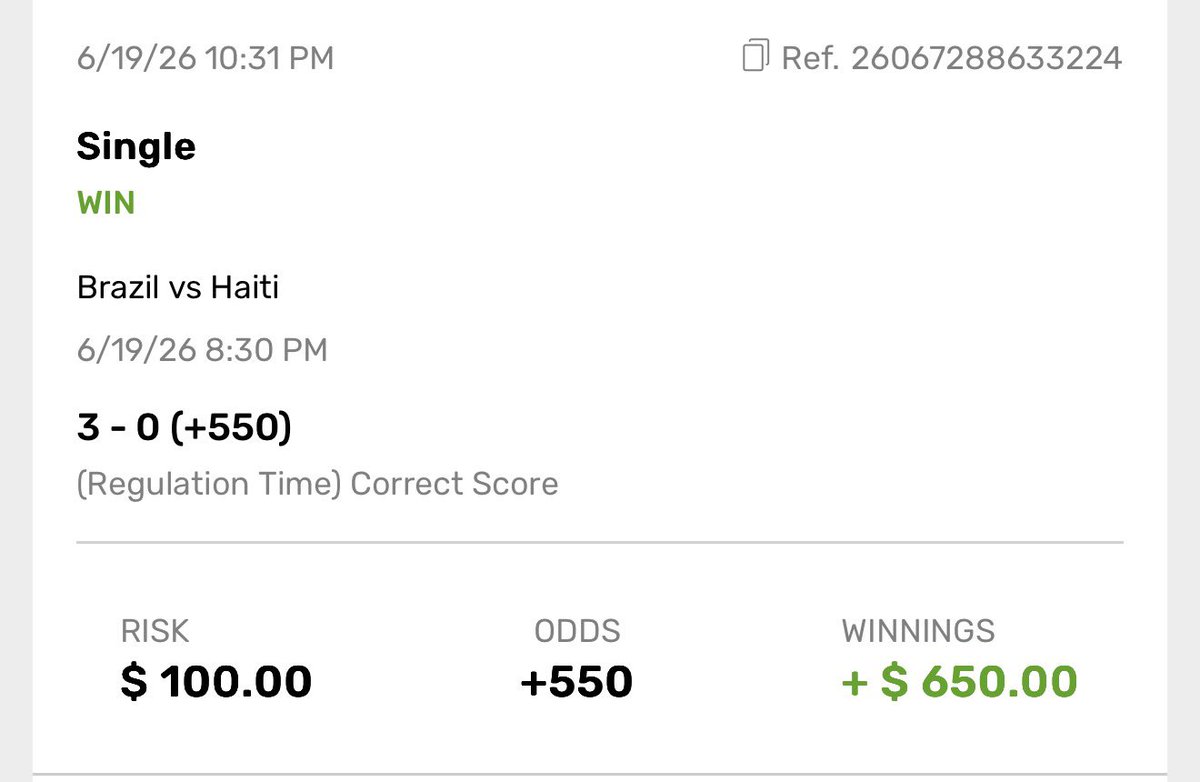 PotdPrizepicks's tweet photo. BANGGGGGG✅✅✅✅✅ 

CASH ANOTHER CORRECT RESULT🔥
🇧🇷  3 - 0 🇭🇹 (+550)✅✅✅✅

THAT’S THE 5TH CORRECT SCORED CASHED FOR FREE ON THIS WC⚽️

🇳🇱 2-2 🇯🇵 (+1200✅)
🇫🇷 3-1 🇸🇳 (+1000✅)
🇰🇷 2-1 🇨🇿 (+800✅) 
🇸🇦 1-1 🇺🇾 (+725✅)
🇧🇷 3-0 🇭🇹 (+550✅) https://t.co/ahbR5Y5tvZ