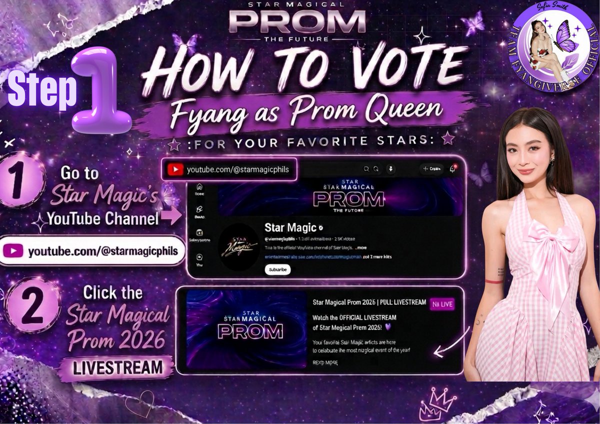 teamfyangiverse's tweet photo. ONE VOTE CLOSER TO THE CROWN / FYANG SMITH – FOR STAR MAGIC PROM QUEEN 

Fyang Smith has officially been nominated for Star Magic Prom Queen, and this is our moment to stand behind her.

Show your love and support by voting for Fyang and let’s make this happen. 

Let’s vote, support, and make her win this crown 

Check the attached photos for the voting guide.

#FyangSmith  #SofiaSmith
