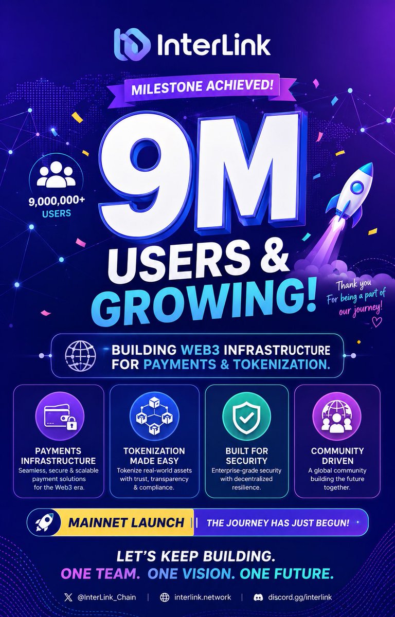 yb_kommerla's tweet photo. 🚀 InterLink has reached an incredible milestone — 9 Million Users and Growing! 🌍
From Web3 payments to real-world asset tokenization, the journey is accelerating toward a decentralized future.
#InterLink #ITLG #ITL
#Web3 #Blockchain
#Tokenization #MainnetLaunch https://t.co/vDWPAAPrue