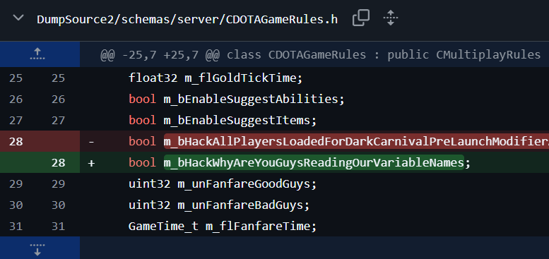 gabefollower's tweet photo. Valve developers just added a new variable in Dota 2: "m_bHackWhyAreYouGuysReadingOurVariableNames" https://t.co/VR4Wjt27RY