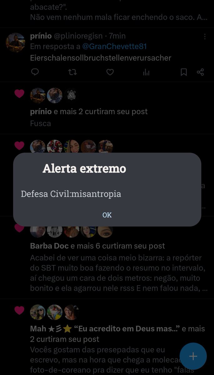 GranChevette81's tweet photo. Acabei de receber esse alerta BIZARRO em nome da "defesa civil" em Alerta Extremo. Hackearam o sistema — que deve ter algum sistema federal unificado, talvez. Foi um alerta sonoro e depois isto que gravo: alerta de "MISANTROPIA". Quase como um alerta filosófico 🫪 só pr https://t.co/B7OPfwBYwB
