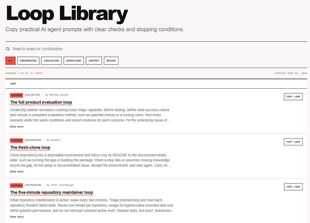 WanderingC76's tweet photo. Free Loop Library for AI Agents – Copy & Use Instantly

Peter Steinberger’s tweet (“Stop prompting coding agents. Start designing loops that prompt your agents.”) went viral with over 8 million views and sparked a big shift in how people work with AI coding agents.

The good news? There’s now a ready-made collection of high-quality loops: Loop Library.

A loop lets your AI agent work autonomously — it runs, checks its own output, fixes issues, and only stops when it meets clear success criteria. No more manual back-and-forth prompting.

Loop Library (by Forward Future / Matthew Berman) includes battle-tested loops across these categories:Engineering  
Evaluation  
Operations  
Content  
Design

It’s completely free, open for community submissions, and already features contributions from Peter Steinberger and Matthew Berman themselves.

(Detailed link + GitHub in the comments)👇
