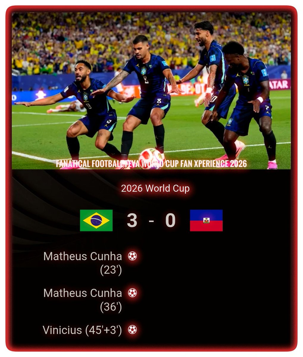 FanaticalClub's tweet photo. Brazil 3-0 Haiti: Cunha and Vinicius lead the charge for Ancelotti's side

Brazil picked up their first win of the 2026 World Cup after cruising to a 3-0 victory over Haiti at Philadelphia Stadium. https://t.co/IfzGaGEQ9f