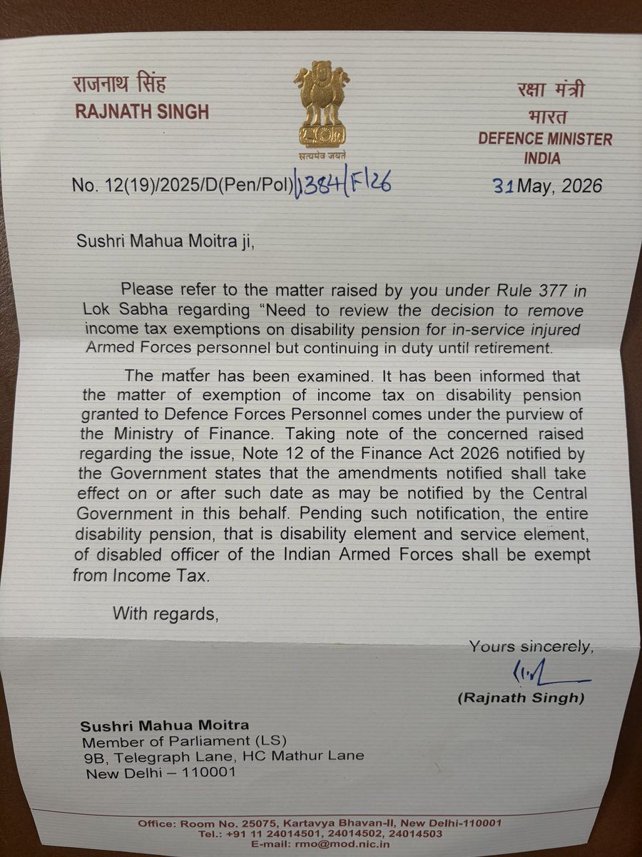 MahuaMoitra's tweet photo. Thank you @rajnathsingh ji for your empathy for continuing IT exemptions for armed forces disability pensions. Hoping mandarins of @FinMinIndia have similar empathy &amp; desist from ever initiating this offensive proposal. Jai Hind. https://t.co/48qVwpGpAD