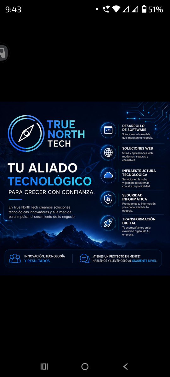 TrueNorthTech25's tweet photo. La tecnología adecuada impulsa resultados reales.
En #TrueNorthTech desarrollamos soluciones para empresas y emprendedores:
✅ Software a medida
✅ Soluciones web
✅ Infraestructura tecnológica
✅ Seguridad informática
✅ Transformación digital
📩 Hablemos de tu próximo proyecto. https://t.co/LnXuODwzDb