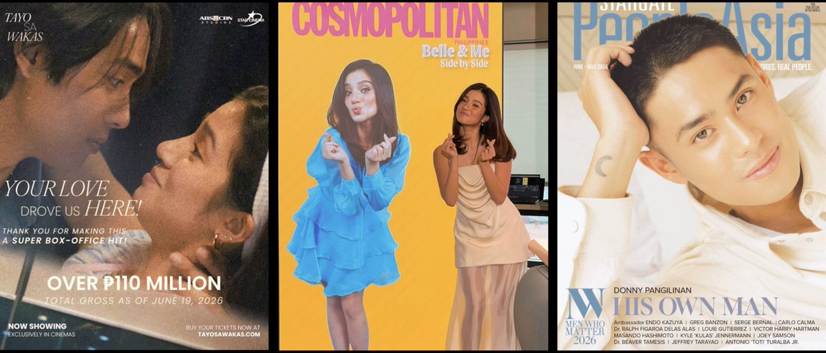 A_itsme__'s tweet photo. People with good hearts are truly winning in life.✨

• #TayoSaWakas box office success for #DonBelle 

• Belle’s Interactive Moving Cover for Cosmopolitan Philippines, which is a first of its kind

• Donny’s Men Who Matter 2026, his second Men Who Matter Award

So so proud of you our superstars! 
@donnypangilinan @bellemariano02 
Nobody else does it like you.