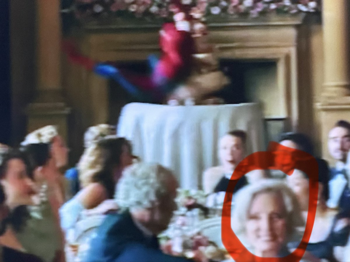 Kyle_Meadows's tweet photo. @eavoss Erik, tell me this older blonde lady in the wedding reception scene of Spider-Man Brand New Day ISN’T the same extra from the Dr Strange MofM wedding ceremony scene! The one that was being made “extra” with her facial expressions sitting behind Strange. https://t.co/rTOOAe1obB