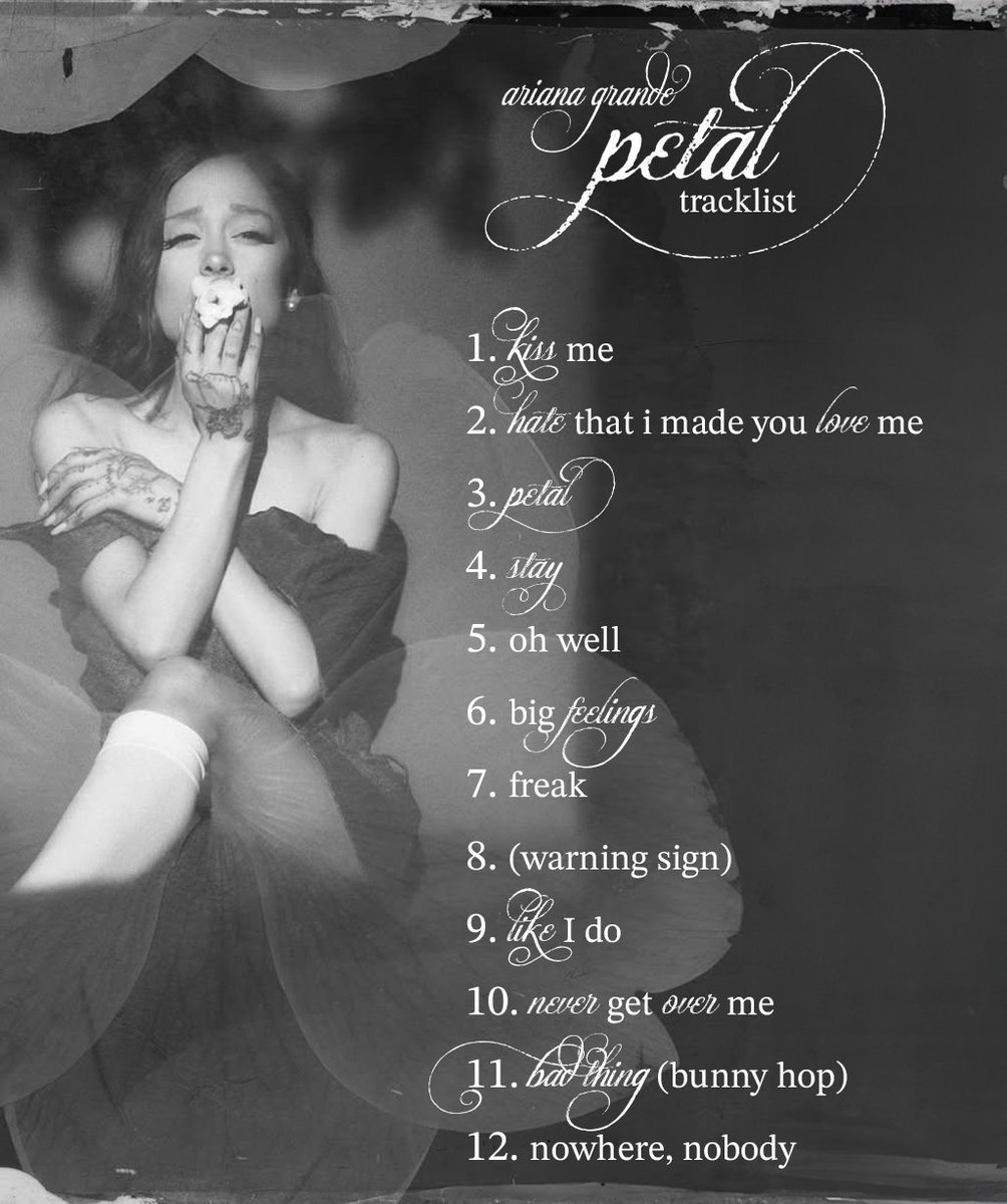 AGrande_ARG's tweet photo. 🚨Tracklist completo de "petal" de Ariana Grande disponible el 31 de Julio

No se reveló ninguna colaboración, así que parece ser un álbum solo de Ariana. https://t.co/U4wtTVxF0J