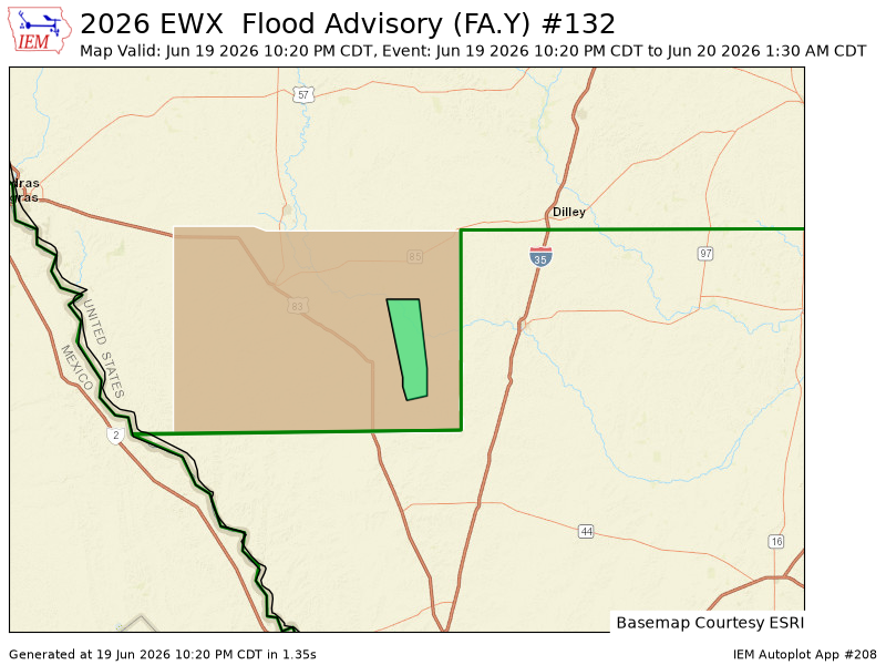 EWXBot's tweet photo. EWX issues Flood Advisory for Dimmit [TX] till Jun 20, 1:30 AM CDT https://t.co/9VttHbNtaM https://t.co/Q6FpUCjAgo