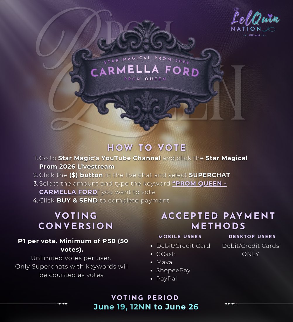 lelquinnation's tweet photo. 💜 Prom Queen Carmella Ford 💜

Quellas, let’s show our love and support for Lella! ✨👑

Cast your votes via YouTube Super Chat and type:

PROM QUEEN – CARMELLA FORD

Every vote counts, and together we can help our Queen shine even brighter. Let’s make it happen! 💜✨

#LellaFord | #LelQuin
