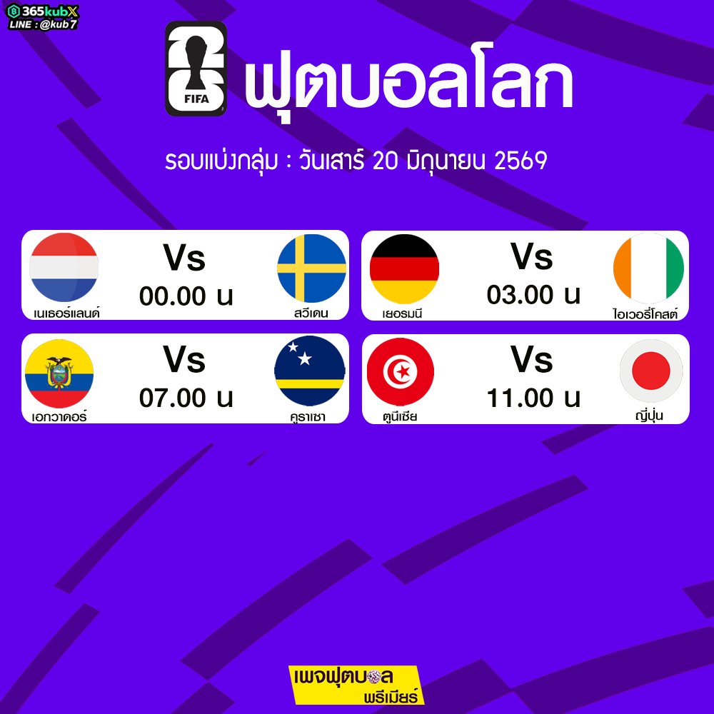 Futxpremier's tweet photo. โปรแกรมการแข่งขันฟุตบอลโลก 2026 ประจำคืนนี้จนถึงเช้าวันพรุ่งนี้
-----------------------------
เชียร์บอลโลกให้สนุกกว่าเดิม ต้องที่นี่เลย...
📱 Line id : @kub7 (มีตัว @ ด้วยนะ)
#โปรแกรมแข่ง #ฟุตบอลโลก #ฟุตบอลพรีเมียร์ https://t.co/ojhpKHf8vv