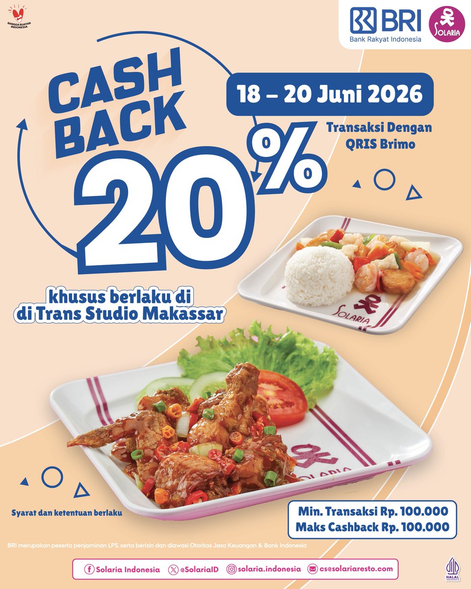 SolariaID's tweet photo. Buat #Solarians warga Makassar, yuk merapat ke Solaria TSM Makassar! 

Soalnya ada Cashback 20% pakai QRIS BRImo nih. Yuk nikmatin promonya hari ini #Solarians!

*Syarat & ketentuan berlaku
*Minimal transaksi 100rb
*Max cashback 100rb/transaksi
*Berlaku hanya di Solaria TSM Makassar
*Periode s.d 20 Juni 2026

#Solaria #Solariaresto #Solariaindonesia #SolariaBRImo #PromoSolaria #PromoBRImo