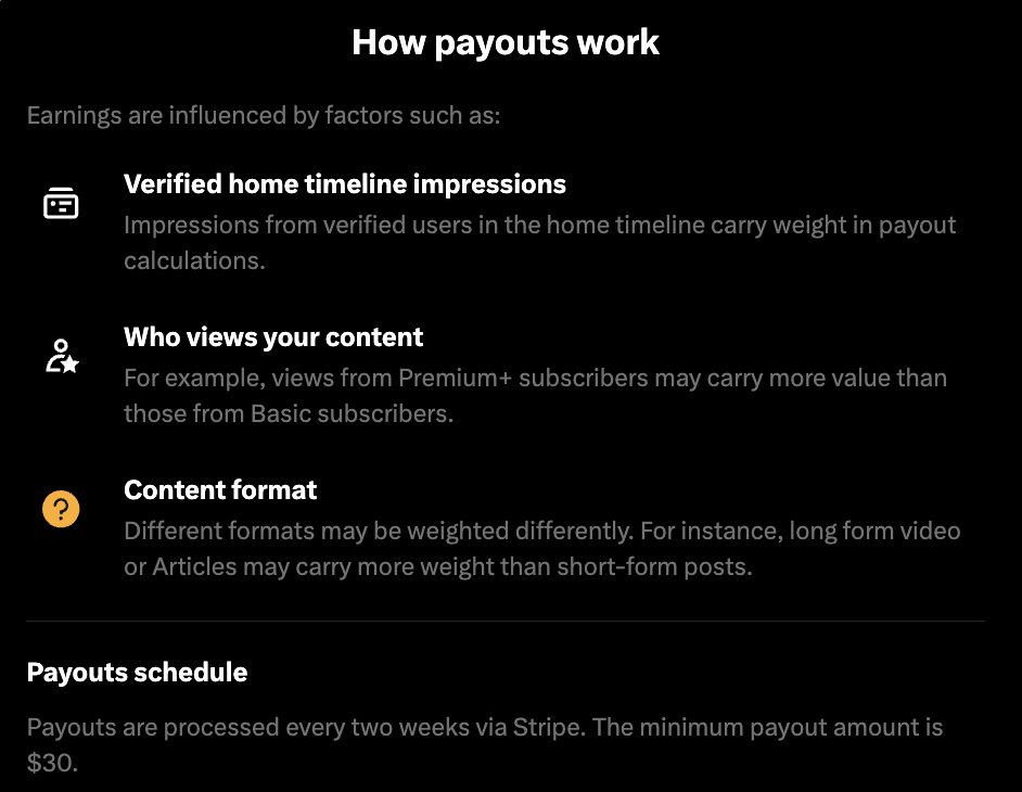 0xyunss's tweet photo. sebenernya udah dijelasin sama X gimana payout ini bekerja.

- impresi dari cenblue di fyp atau timeline which techbros and crypto bros menang di sini karena kontennya lebih global daripada sekedar nyapa timeline.

- siapa yang liat konten lu, lagi-lagi premium+ subs yang interaksi berbobot "may" atau mungkin punya bobot lebih.

- content format, article dan video lebih punya bobot lebih, kalo kalian cuma ngepost dengan satu barus kalimat sama gambar terus hit tweet (apalagi political di indo atau cuma jokes doang) ga bakal ngaruh apa apa meskipun tembus 1m views.

- video original punya bobot banyak, udah 3 bulanan ini gua bikin video 10-20 menit jelasin tentang crypto dan makin kesini makin nambah payoutnya.