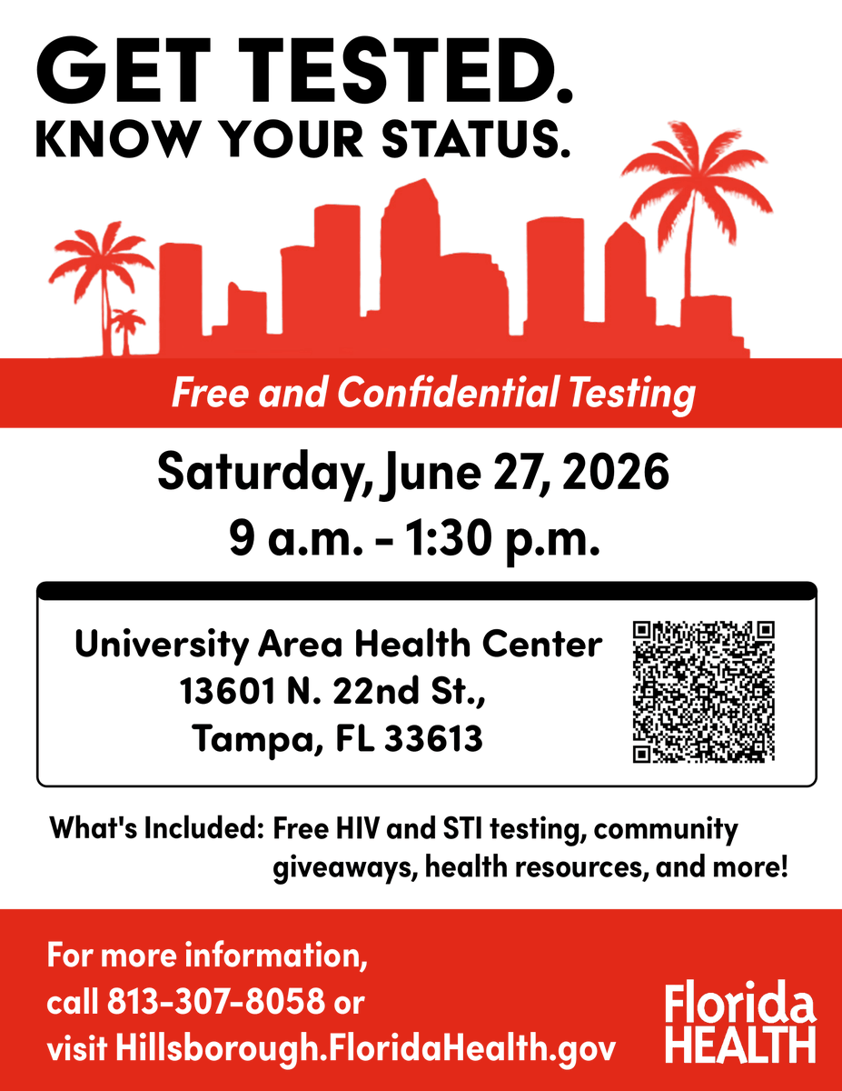 COPHActivistLab's tweet photo. Get tested and know your status! Free and confidential HIV and STI testing will be available on Saturday, June 27, 2026, from 9 a.m. to 1:30 p.m. Head over to the University Area Health Center located at 13601 N. 22nd St., Tampa, FL 33613. https://t.co/LUiQyqg19z