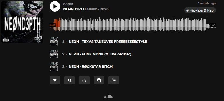 DeshonTheGoat15's tweet photo. DEPTH AND NEONS FIRST ALBUM OUT ON SOUNDCLOUD GET YA FIRST LISTENS IN https://t.co/quwl6xhFlF https://t.co/aLXUdanuDQ