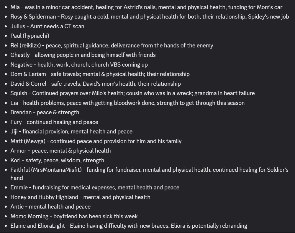 Floshed's tweet photo. Sorry for the late post! Here's today's prayer requests and intentions, taken from @mia_dragonheart's Discord server, mutual servers, and here on Discord. Feel free to comment with your own! https://t.co/fiXbj3tyt0