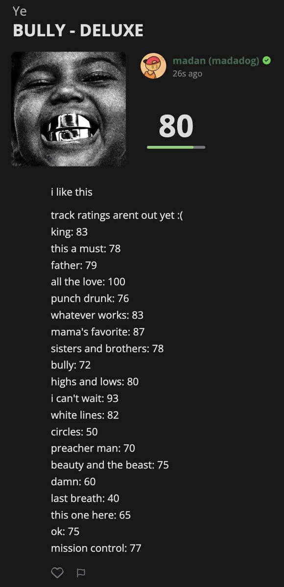 madadog__'s tweet photo. Ye - BULLY - DELUXE (2026) / 80/100
Review: i like this
https://t.co/B908JxH9Y7 https://t.co/I4c5wTPn0f