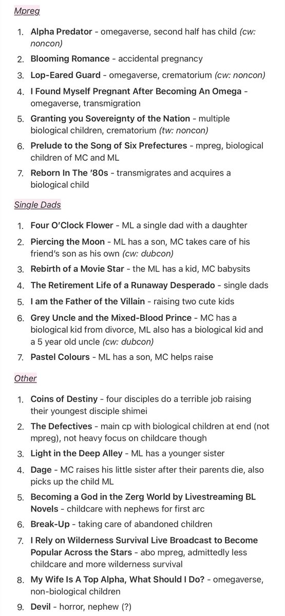 qinanyiyu's tweet photo. A list of danmei with childcare, separated by mpreg, single dads, and otherwise acquired children. All have at least some plot focus on childcare, though level differs https://t.co/1Dmlnr4ss6