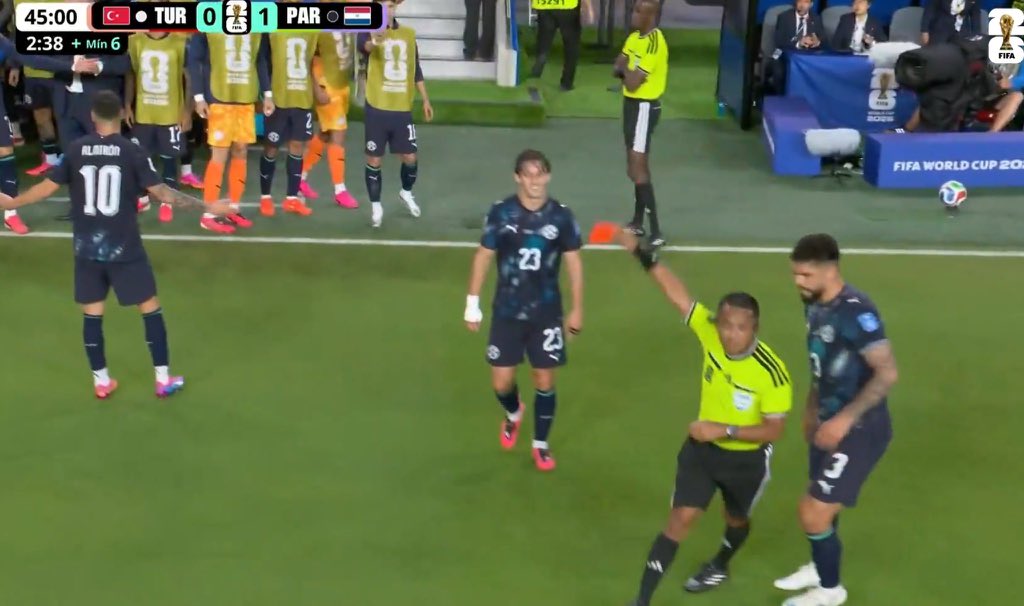 thisisj3ff's tweet photo. Almirón sent off with a straight RED for covering his mouth while chatting to a Turkey player 😭 First time the new ‘no hiding what you say’ rule hits at the World Cup. Paraguay down to 10 while leading 1-0. Football is cooked. https://t.co/qA6vfhBIOU