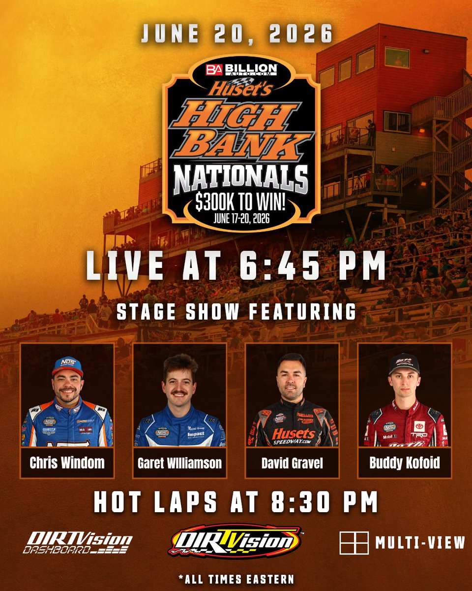 dirtvision's tweet photo. 🏁 The finale of the @HusetsSpeedway's High Bank Nationals is TONIGHT.

Join us on DIRTVision at 6:45 PM ET for the Stage Show & pre-race coverage, with Hot Laps at 8:30 PM ET. 

Stay tuned after the checkered flag for post-race coverage, and follow every move in detail all night with the DIRTVision Dashboard.

📺 Watch LIVE on DIRTVision.