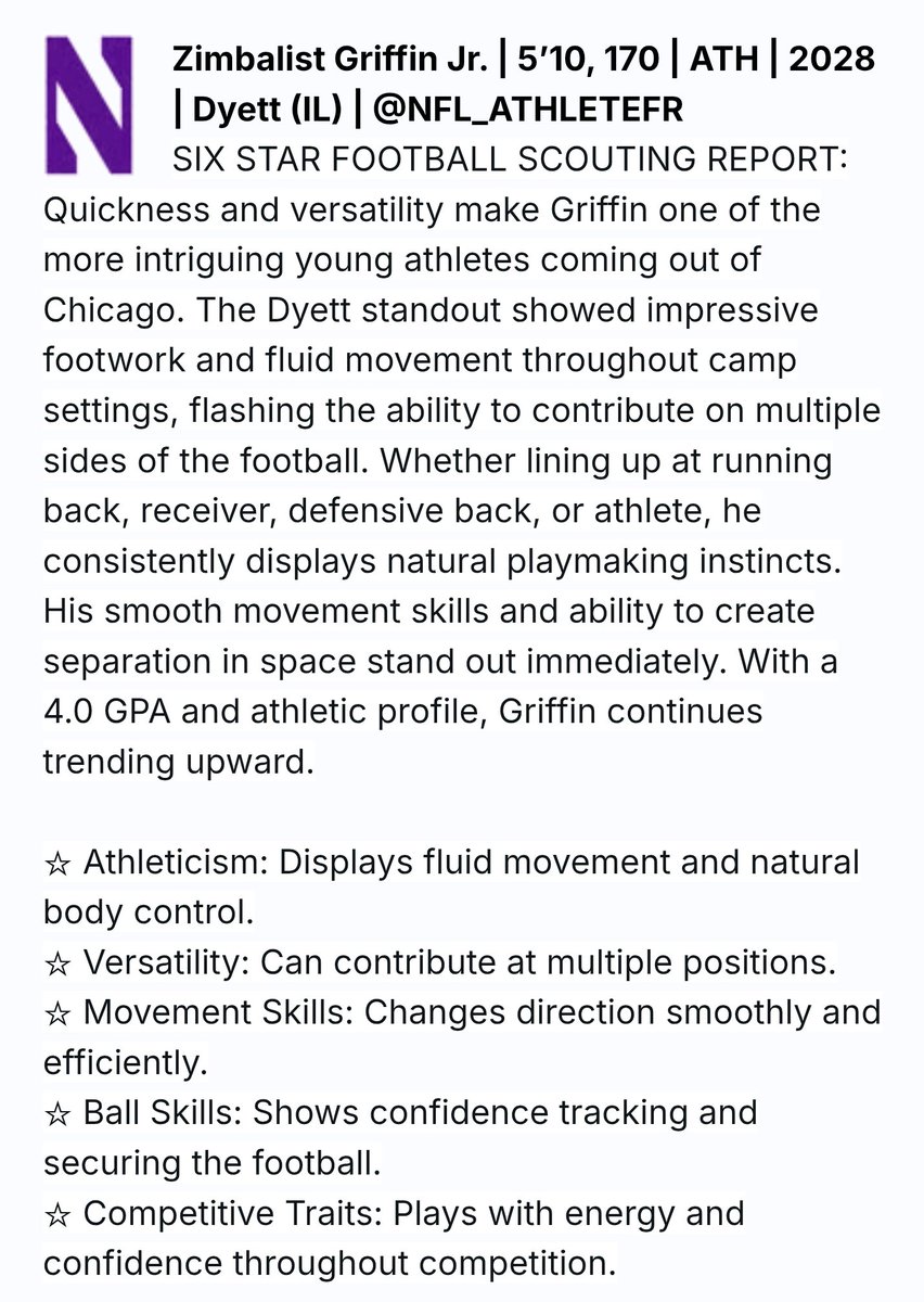NFL_ATHLETEFR's tweet photo. Proud of this evaluation!! It motivates me to keep putting in the work necessary to achieve my goals. 🙏🏿 @sixstarfootball @coachdevon_reed @CoachD_Will @CoachH_PR @IHSA_IL @Bryan_Ault @EDGYTIM @AllenTrieu @PrepRedzoneIL @DeepDishFB #AGTG #itstooezee https://t.co/R6vmUrRiVY