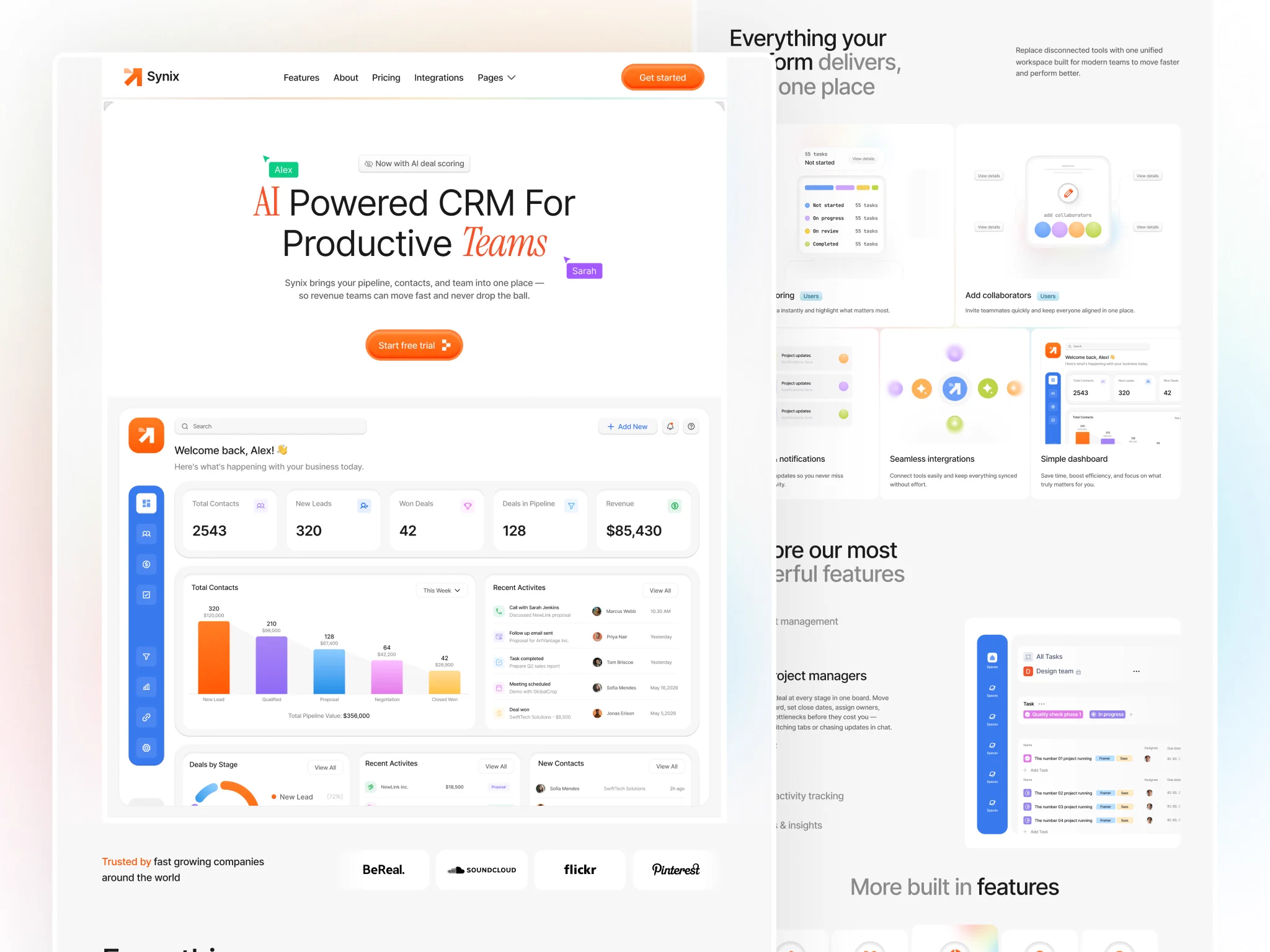 AI CRM SaaS 랜딩 — 대시보드 목업 히어로와 벤토 기능 카드