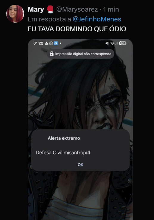 JefinhoMenes's tweet photo. Depois de Curitiba, pessoas no Rio de Janeiro, São Paulo e Brasília estão recebendo os alertas da defesa civil de "misantropia".

Chuto que o hacker alterou "misantropi4" pra burlar um eventual bloqueio depois do aviso em Curitiba. https://t.co/Na75K6vLBC