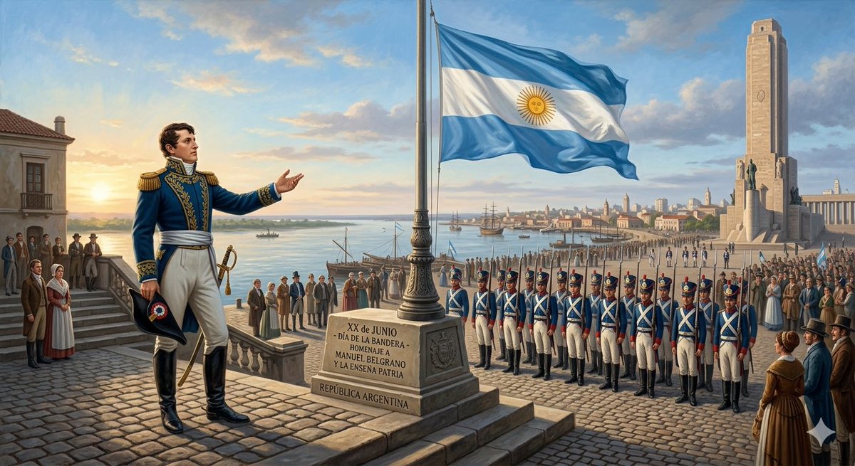 TitoJuanMartin's tweet photo. Cada 20 de junio celebramos el Día de la Bandera en homenaje a Manuel Belgrano, su creador, quien falleció en esta fecha en 1820.

Nuestra bandera fue izada por primera vez el 27 de febrero de 1812, a orillas del río Paraná, como símbolo de la lucha por la libertad y la construcción de una Nación libre y soberana.

Más de 200 años después, sigue representando los valores que nos unen como argentinos: el esfuerzo, la identidad, el compromiso y el amor por nuestra patria.

¡Feliz Día de la Bandera! 🇦🇷