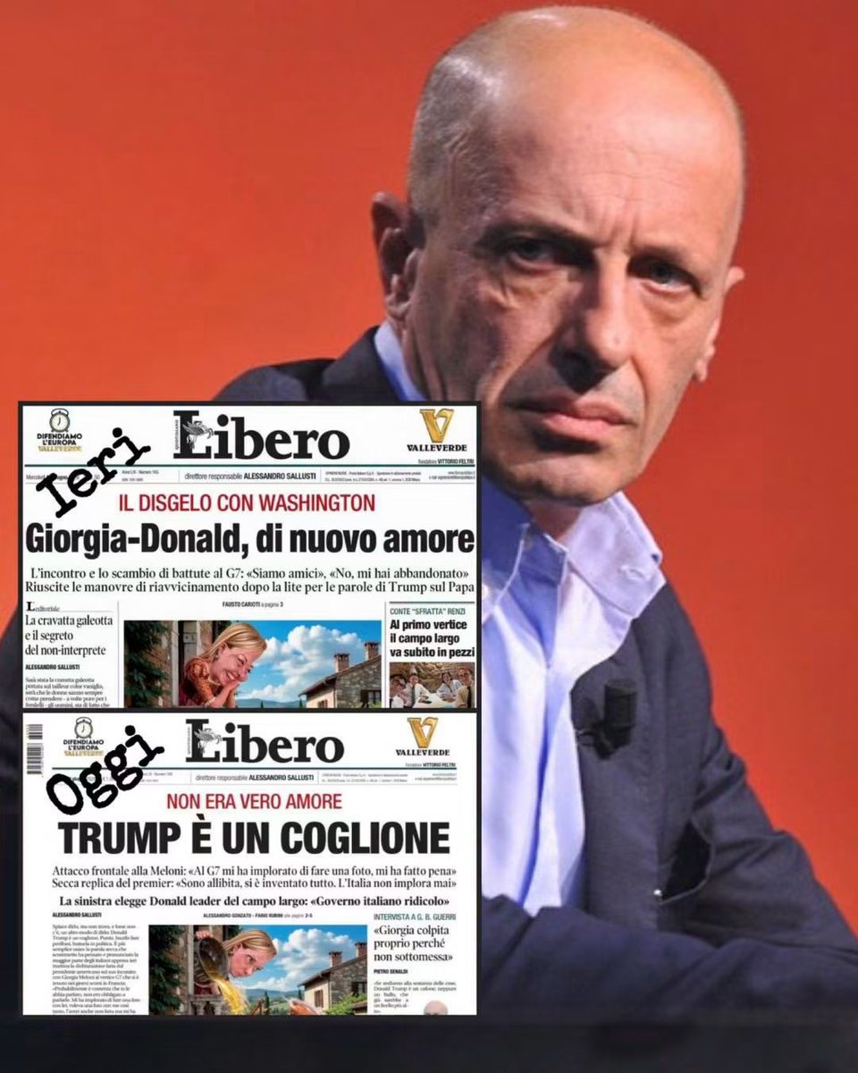 baffi_francesco's tweet photo. I titoli di Libero da un giorno all'altro, direttore Sallusti, editore Angelucci, lettori quattro merde semianalfabete.
😆😆😆😆😆😆 https://t.co/3uCf6zIVbD
