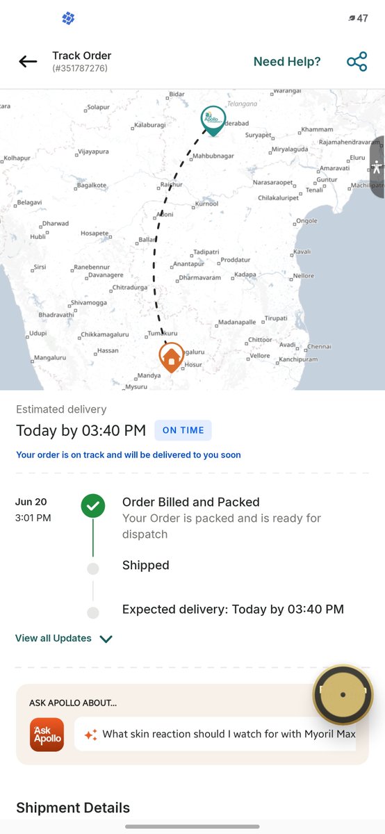 smurali236's tweet photo. Hey @Apollo24x7, I'm a bit confused about my order! The app showed a delivery by 3:40 PM today, but the support chatbot says June 23rd. There's no cancellation option either. Can you help me out? 😕 #Delivery #Order #Support https://t.co/MWFFHUDhd1